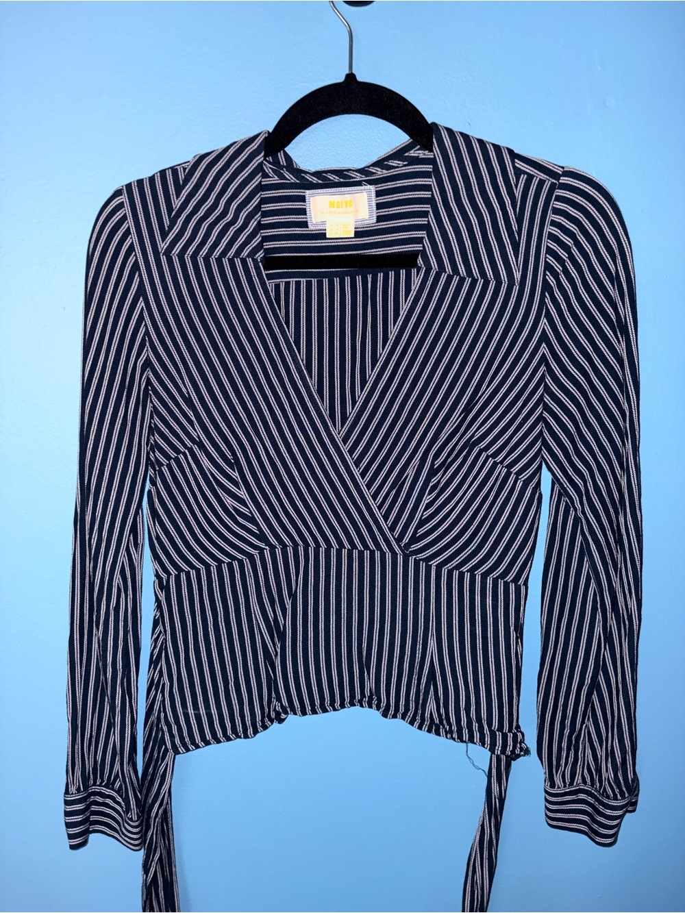 Maeve Anthropologie Navy & White Linen Striped Wrap Blouse